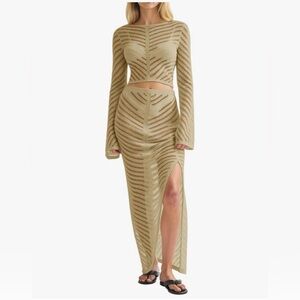 2 Piece Beach Cover Up Set Resort Wear Vacation Outfit Khaki Maxi Skirt